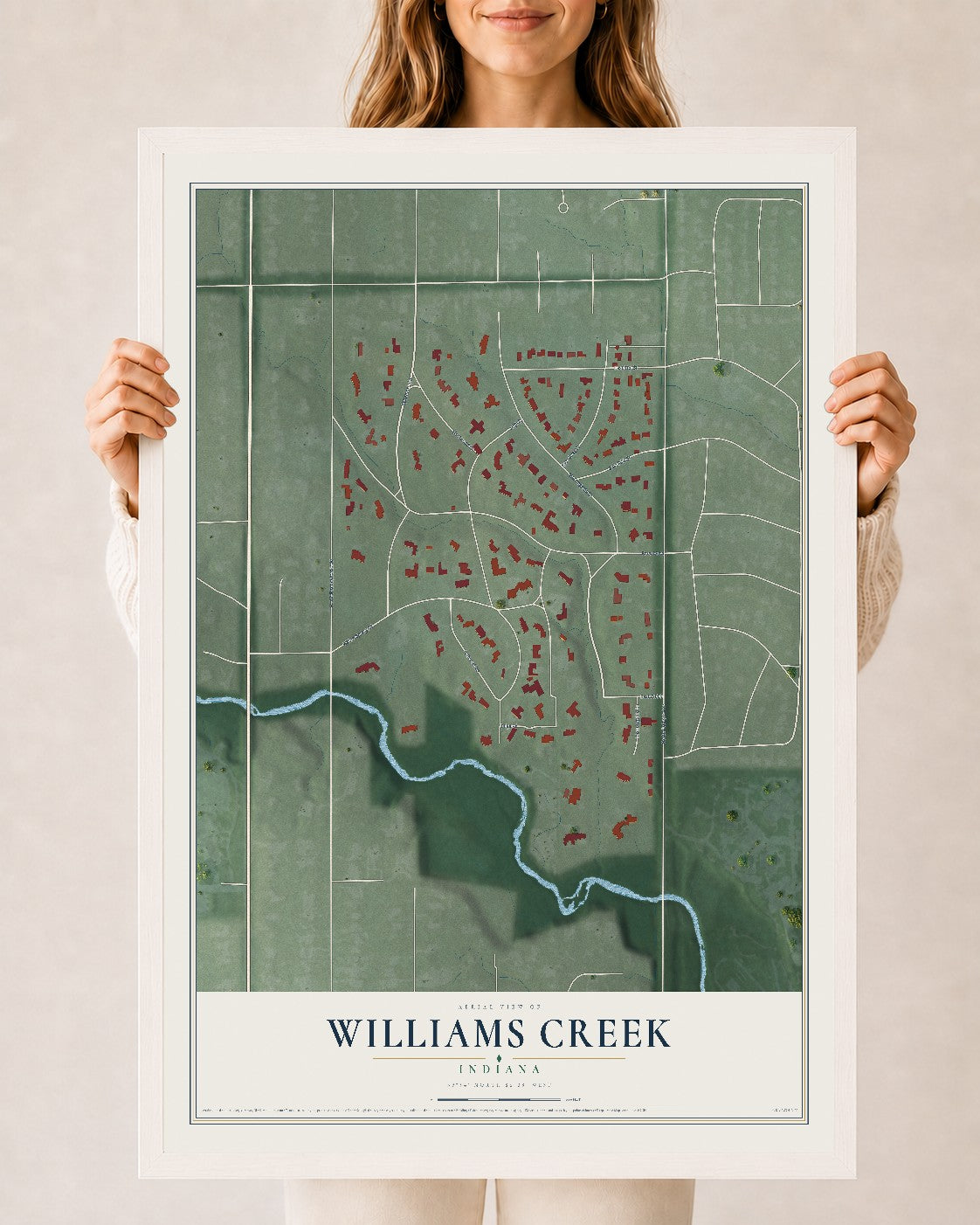 Map of Williams Creek, Indiana, 24 x 36 inch print in a white wood frame