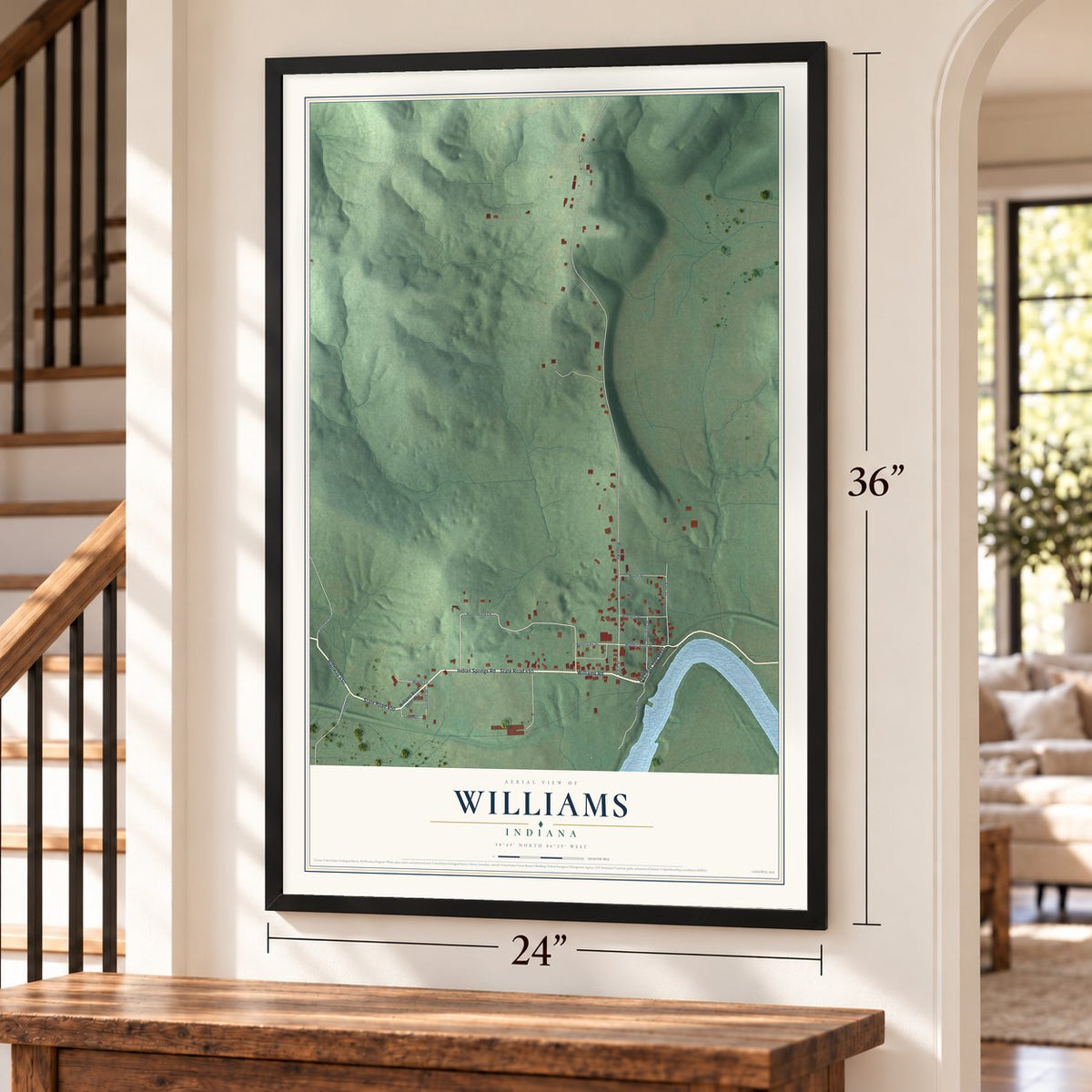 Williams, Indiana map, 24 x 36 inch print in a black frame by a staircase
