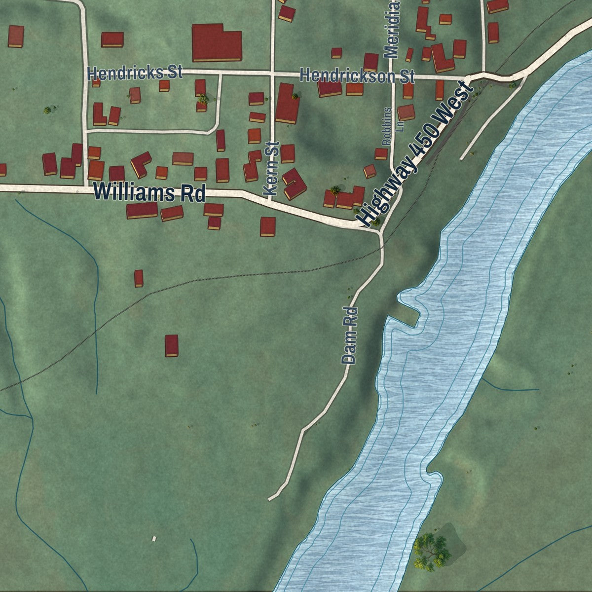 Close-up of the map of Williams, Indiana print showing street and building detail