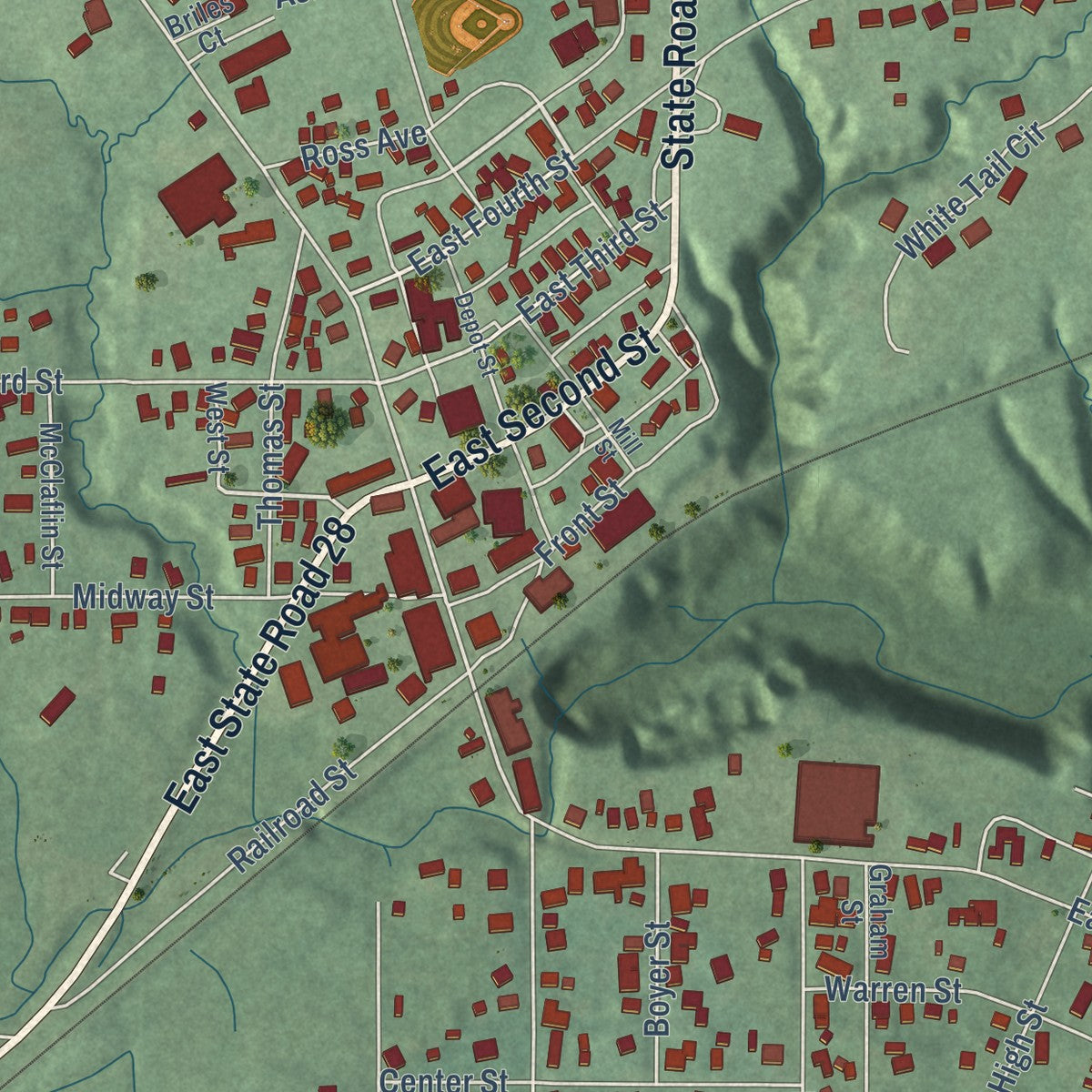 Close-up of the map of Williamsport, Indiana print showing street and building detail