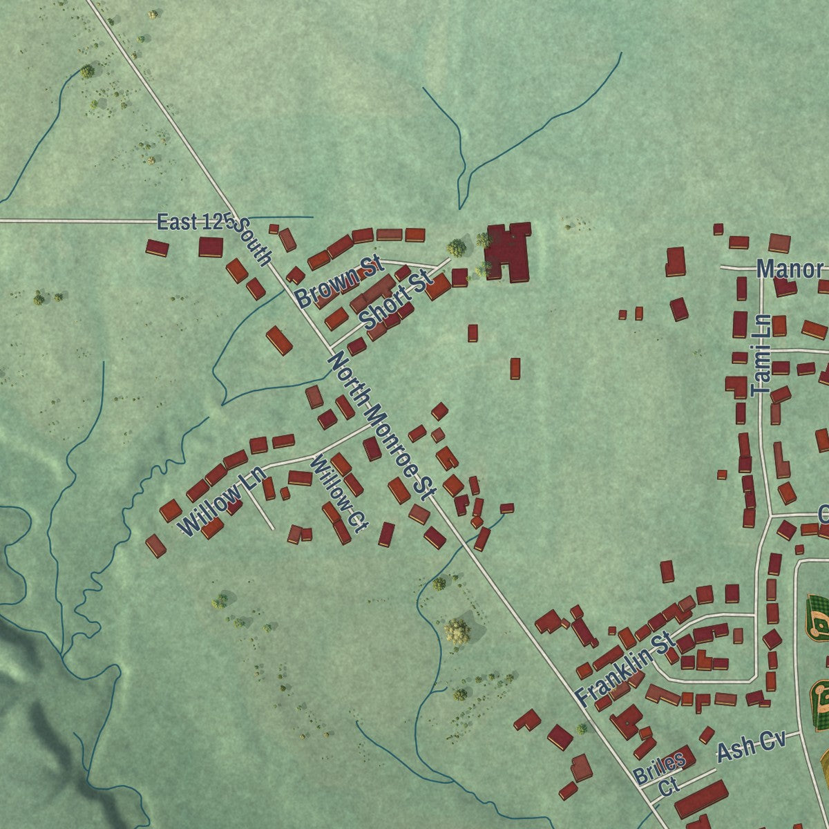 Second close-up of the map of Williamsport, Indiana print showing more streets and buildings