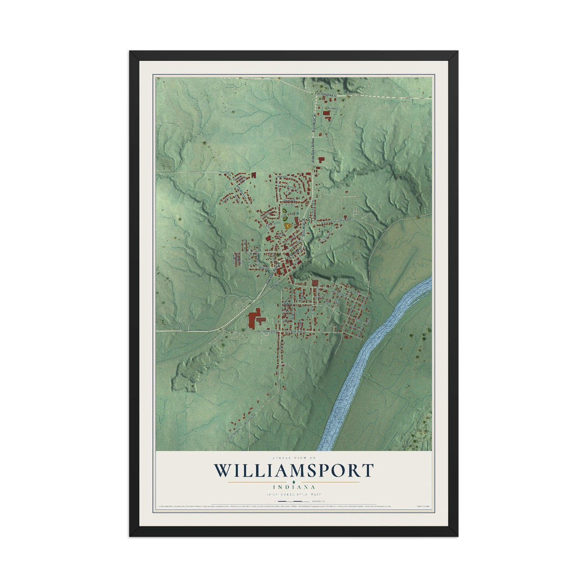 Map of Williamsport, Indiana, 12 x 18 inch print in a black wood frame