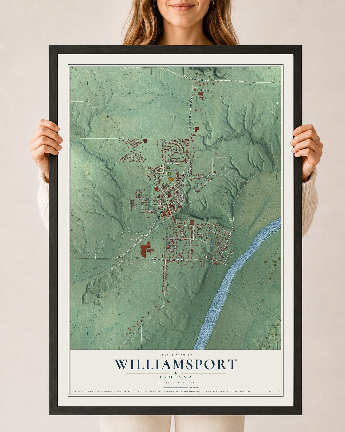 Map of Williamsport, Indiana, 24 x 36 inch print in a black wood frame