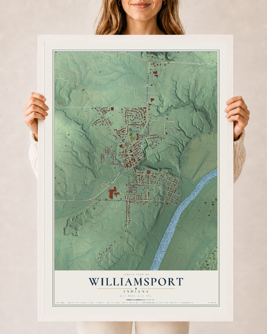 Map of Williamsport, Indiana, 24 x 36 inch print in a white wood frame