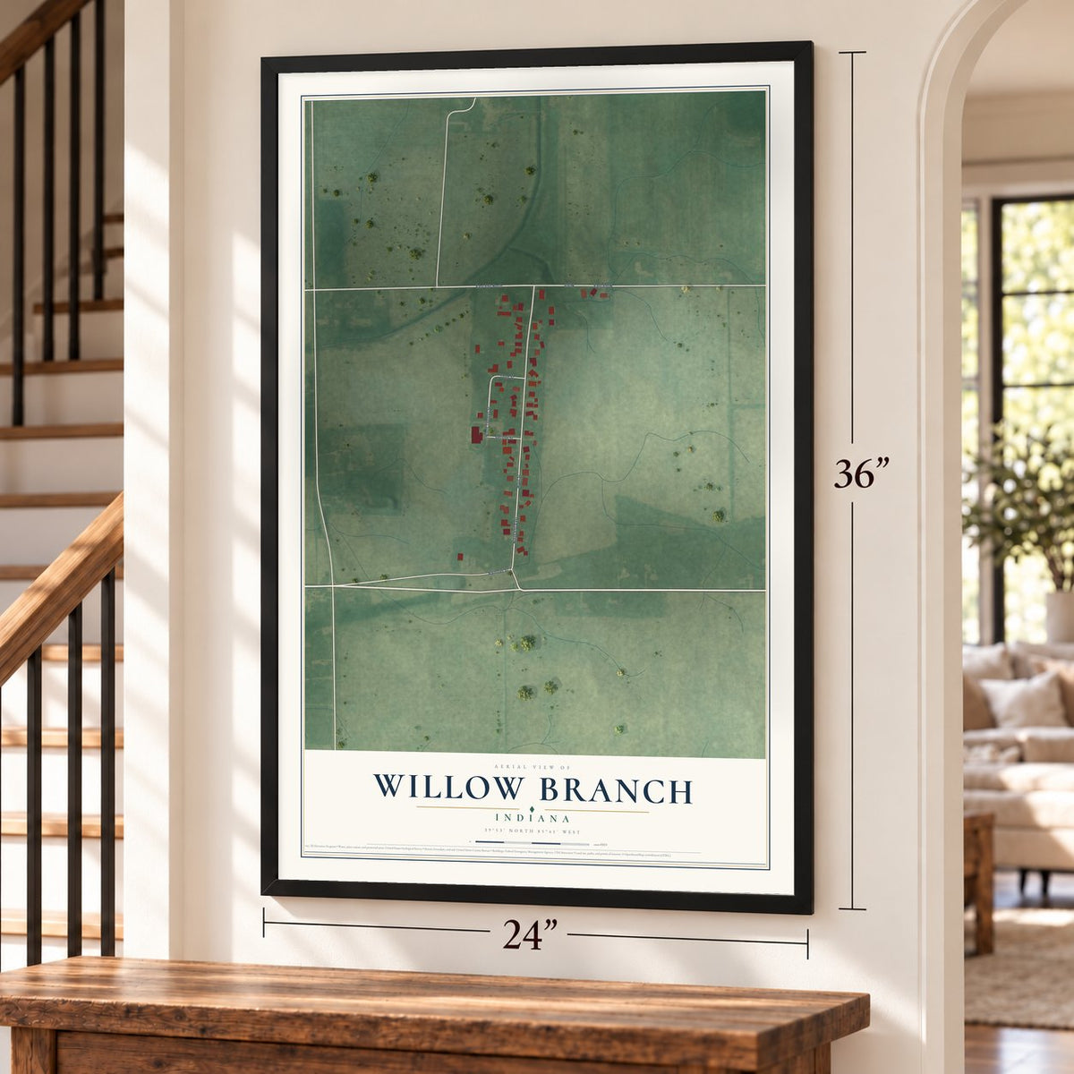 Willow Branch, Indiana map, 24 x 36 inch print in a black frame by a staircase
