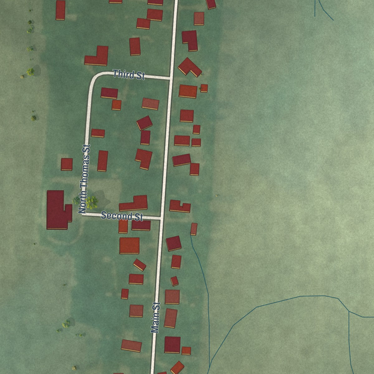 Close-up of the map of Willow Branch, Indiana print showing street and building detail