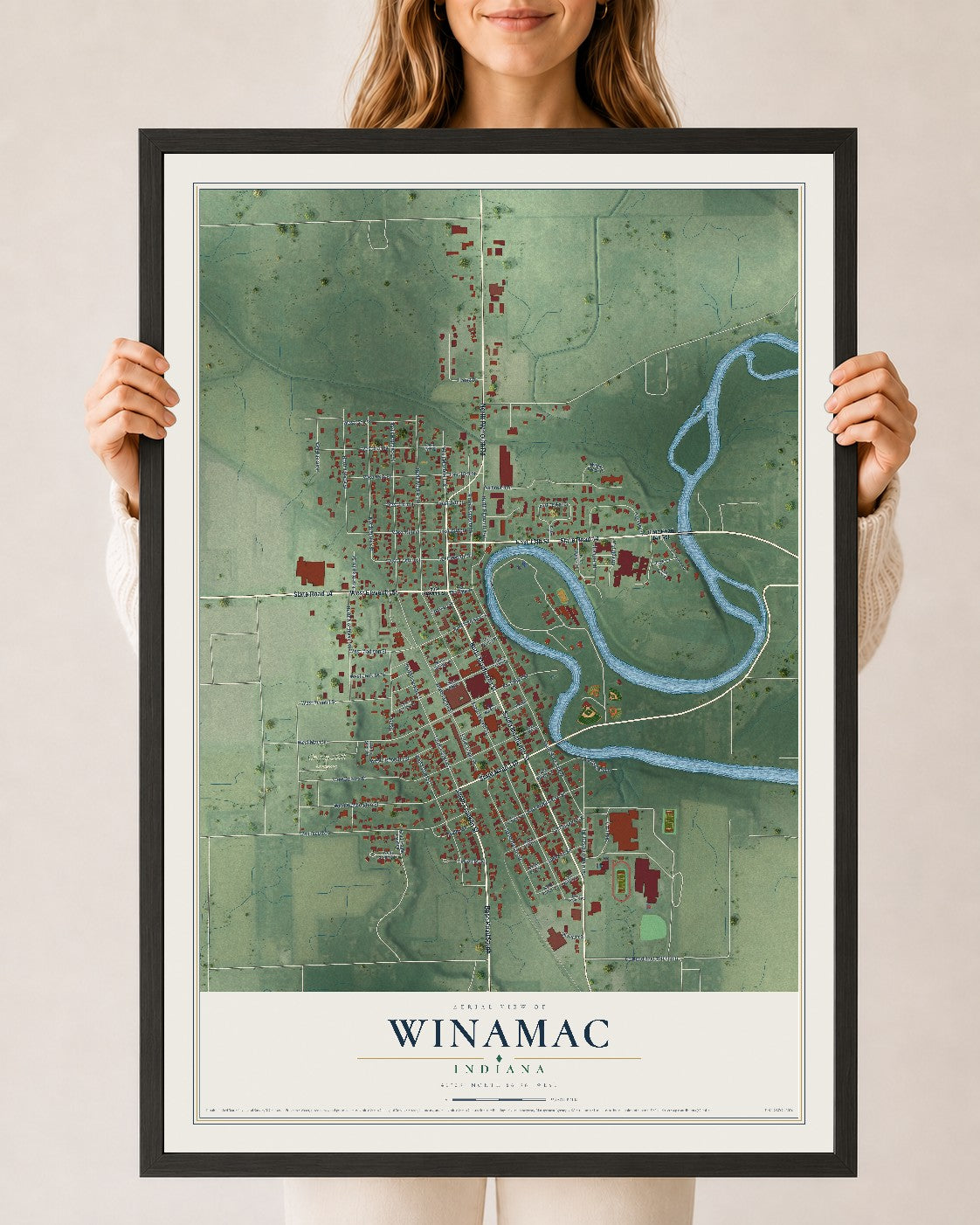 Map of Winamac, Indiana, 24 x 36 inch print in a black wood frame