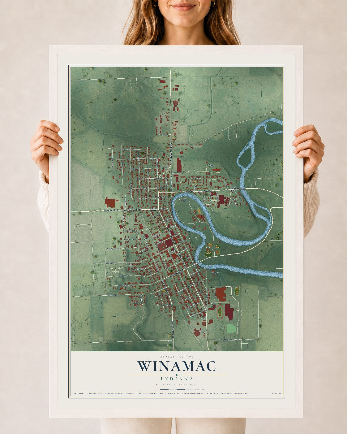 Map of Winamac, Indiana, 24 x 36 inch print in a white wood frame