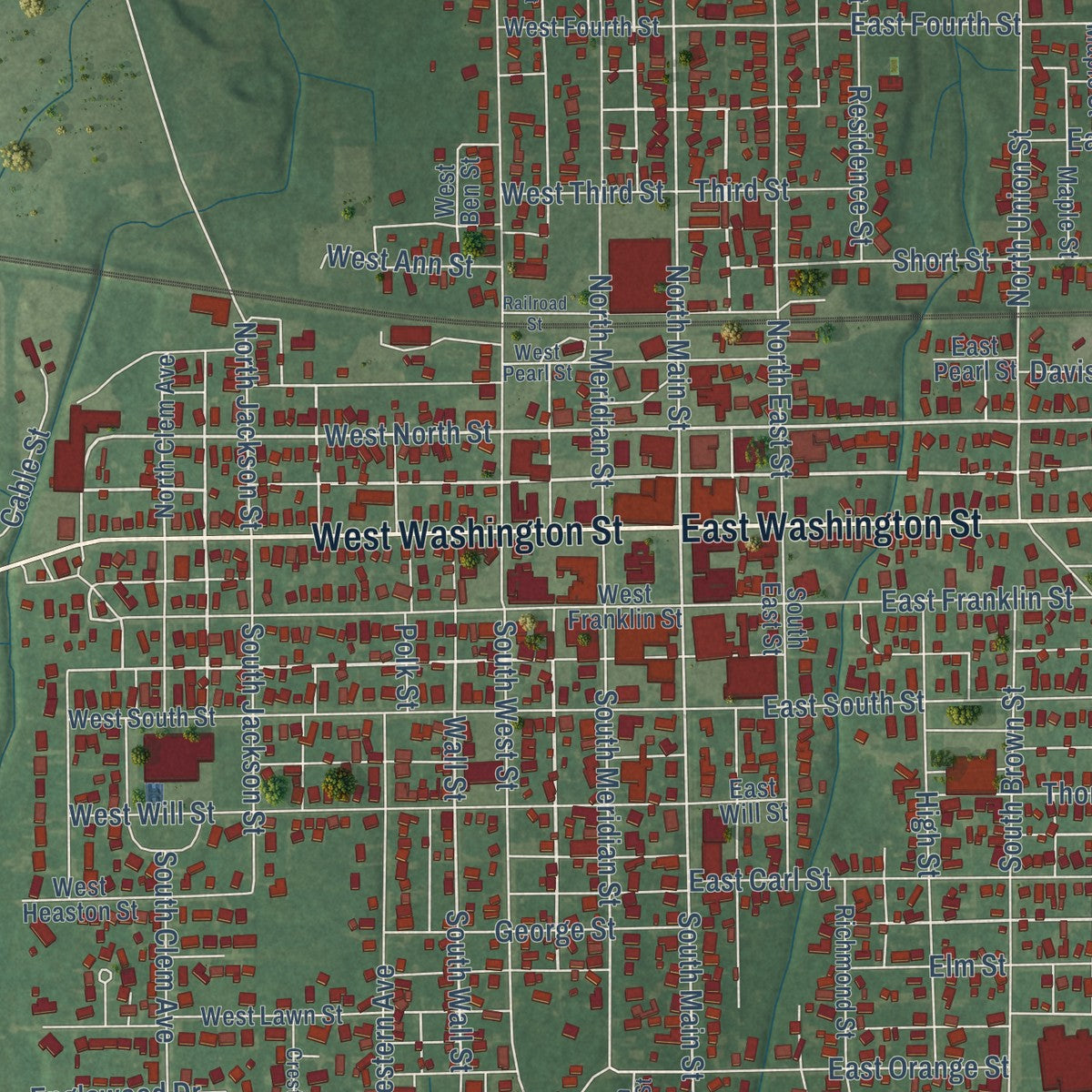 Close-up of the map of Winchester, Indiana print showing street and building detail