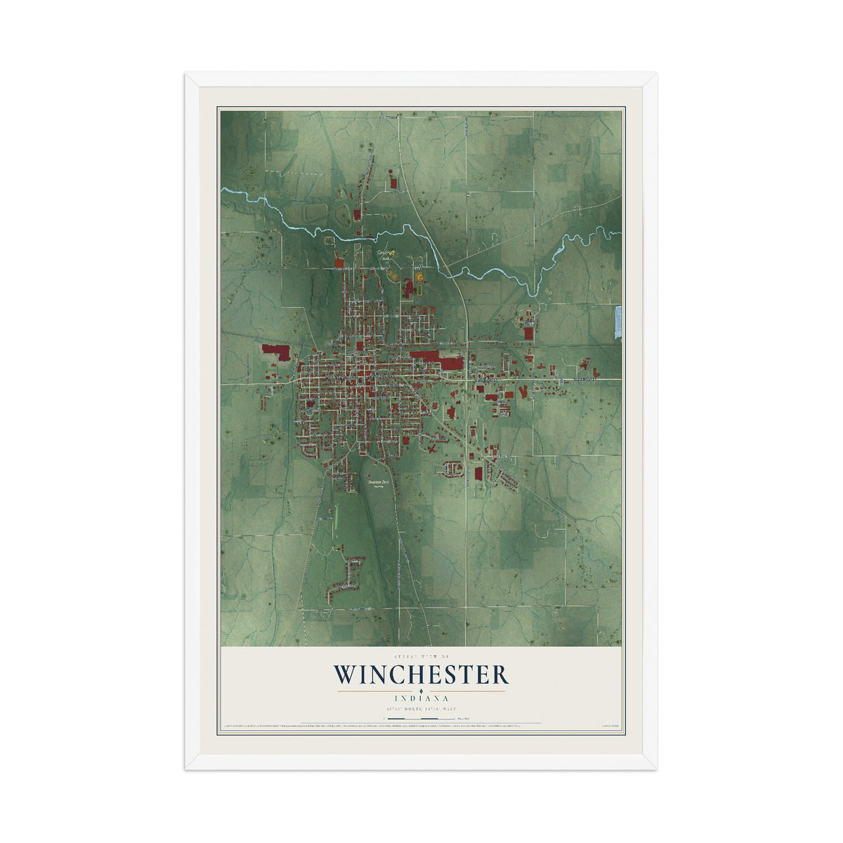 Map of Winchester, Indiana, 12 x 18 inch print in a white wood frame