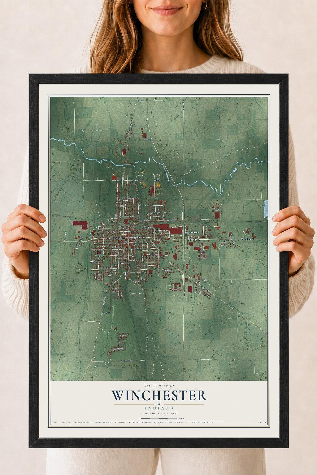 Map of Winchester, Indiana, 18 x 24 inch print in a black wood frame