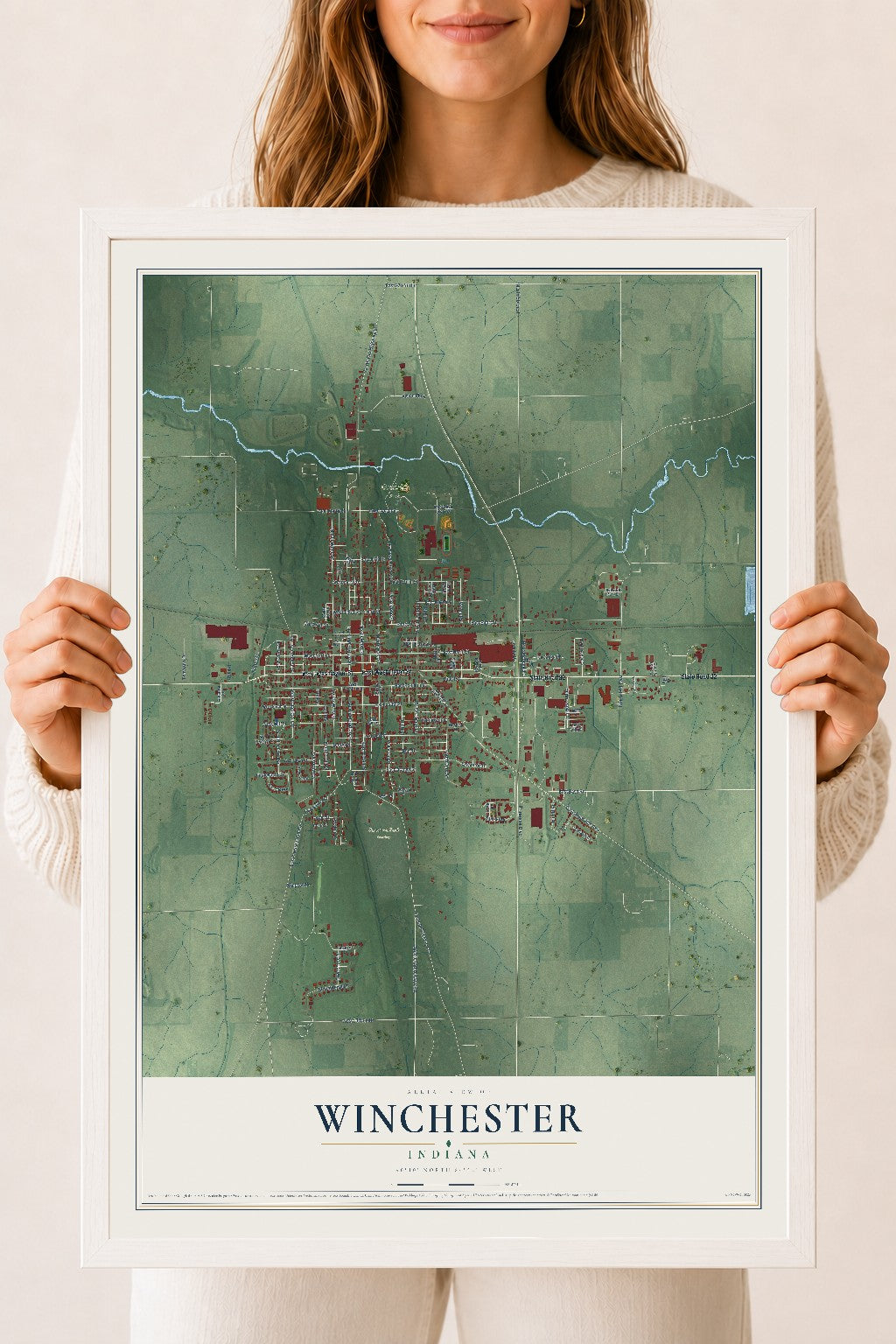 Map of Winchester, Indiana, 18 x 24 inch print in a white wood frame