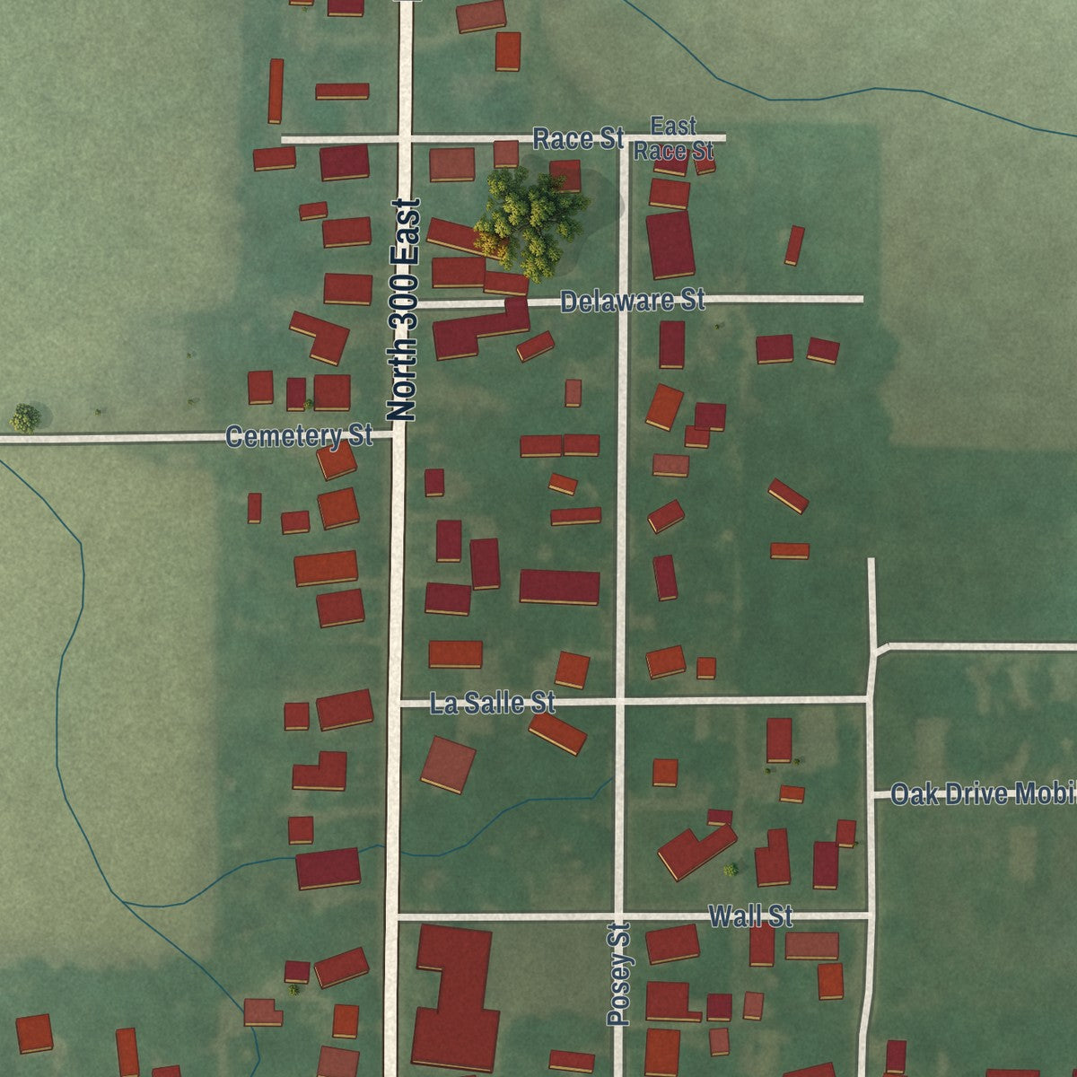 Second close-up of the map of Windfall City, Indiana print showing more streets and buildings