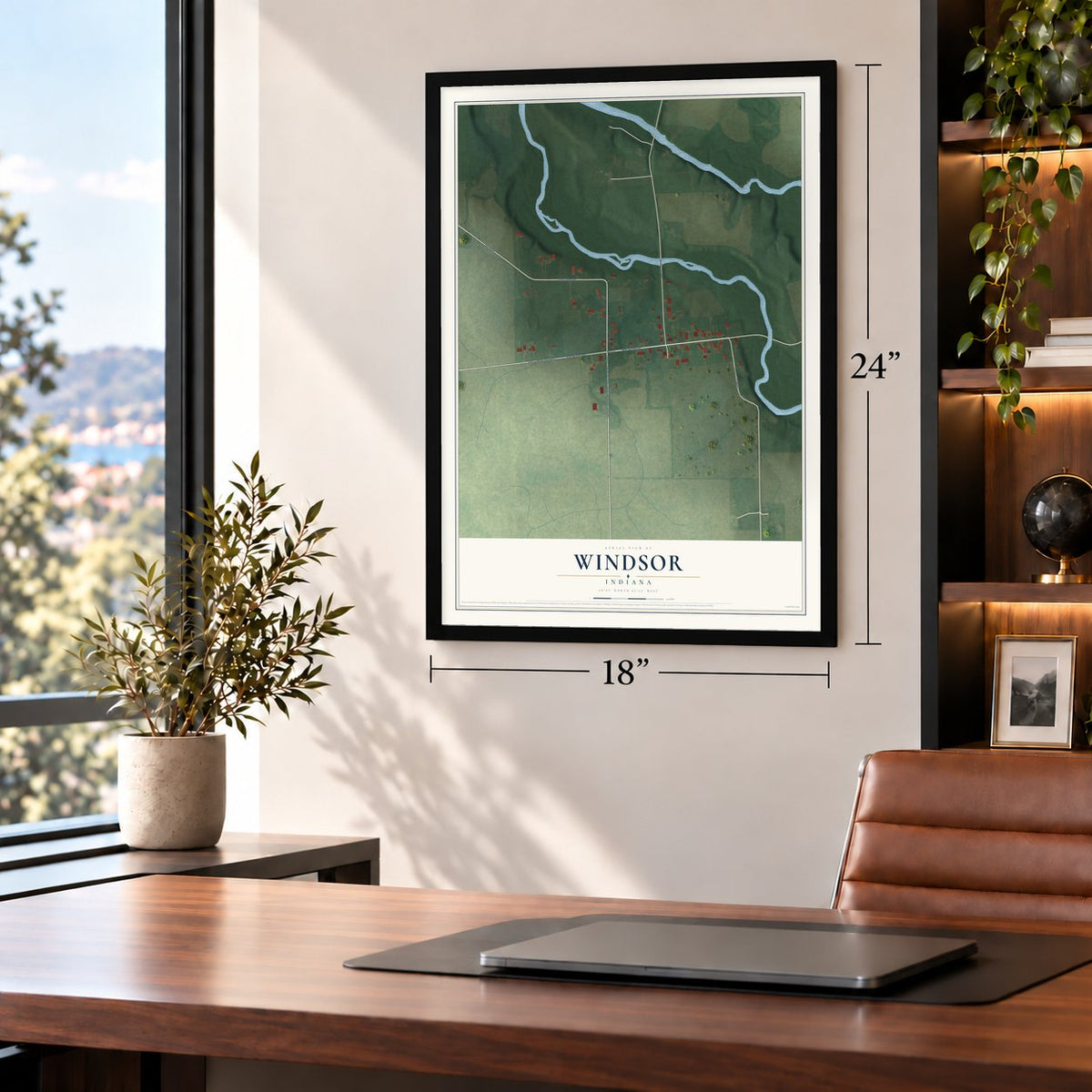 Windsor, Indiana map, 18 x 24 inch print in a black frame in a home office