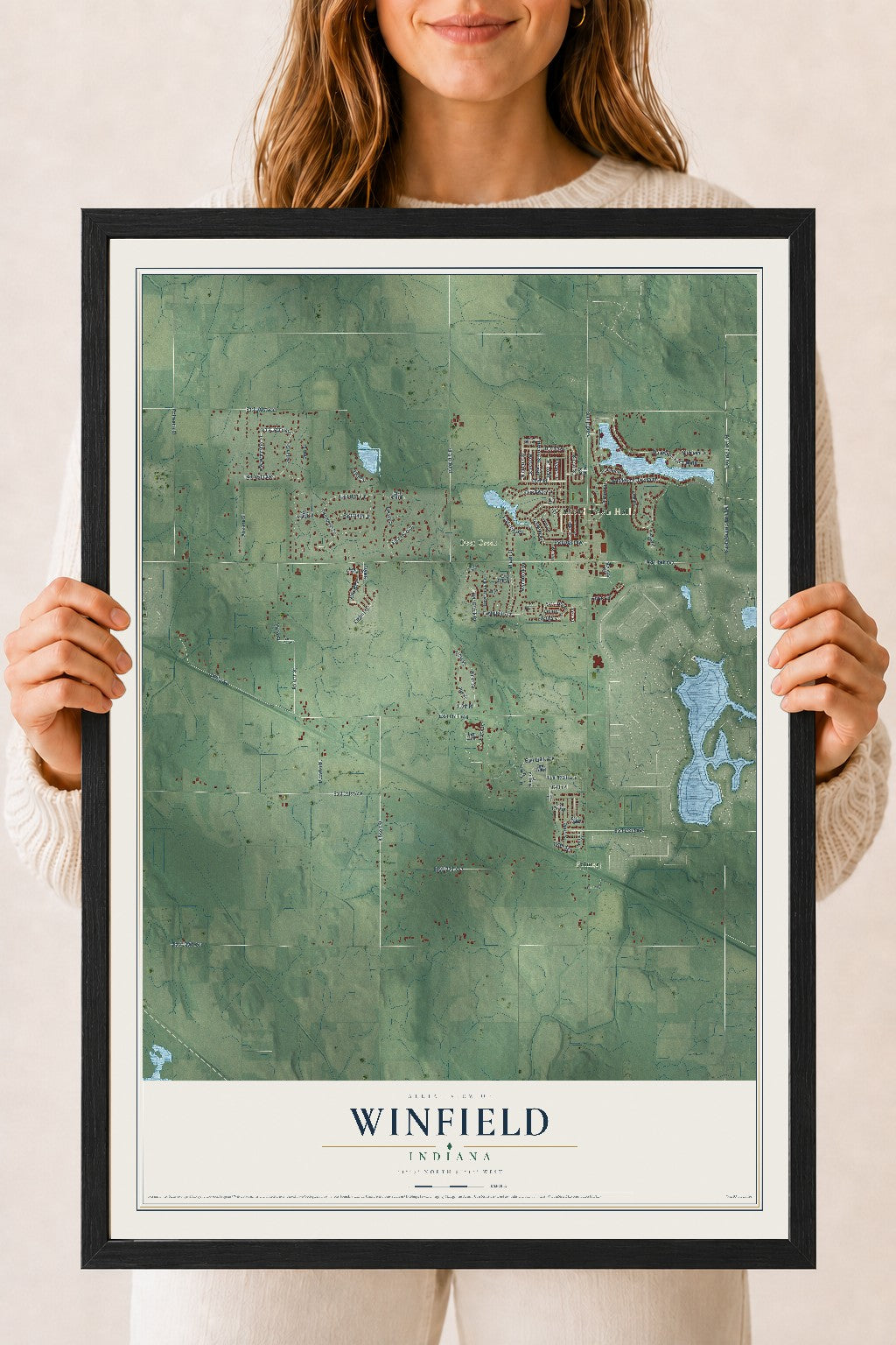 Map of Winfield, Indiana, 18 x 24 inch print in a black wood frame