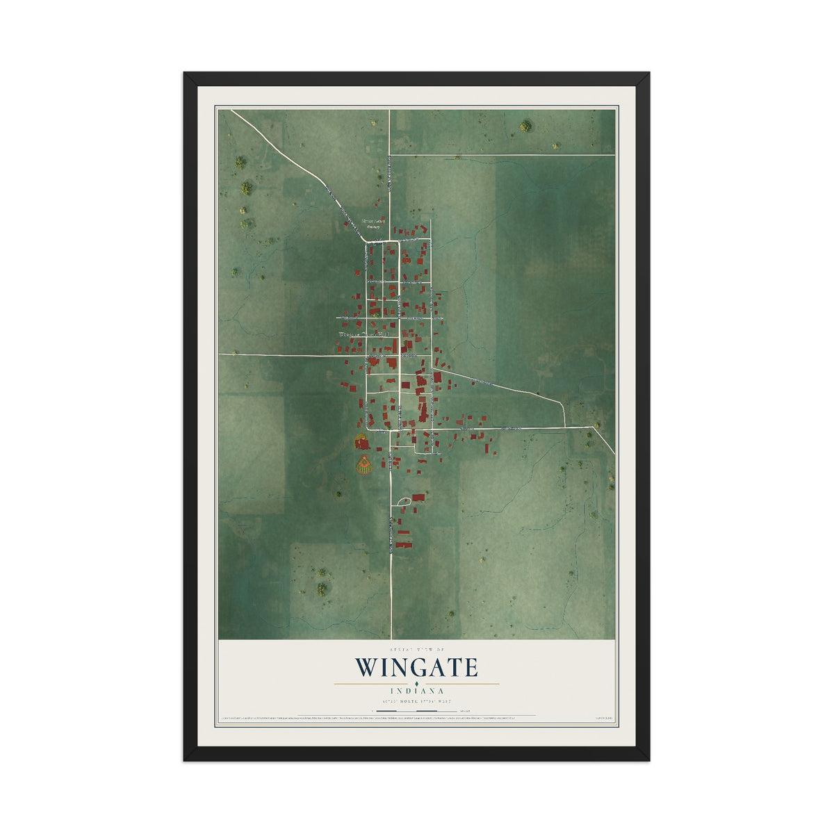 Map of Wingate, Indiana, 12 x 18 inch print in a black wood frame
