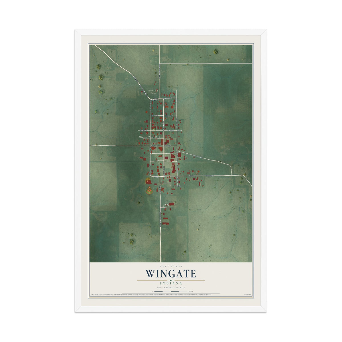 Map of Wingate, Indiana, 12 x 18 inch print in a white wood frame