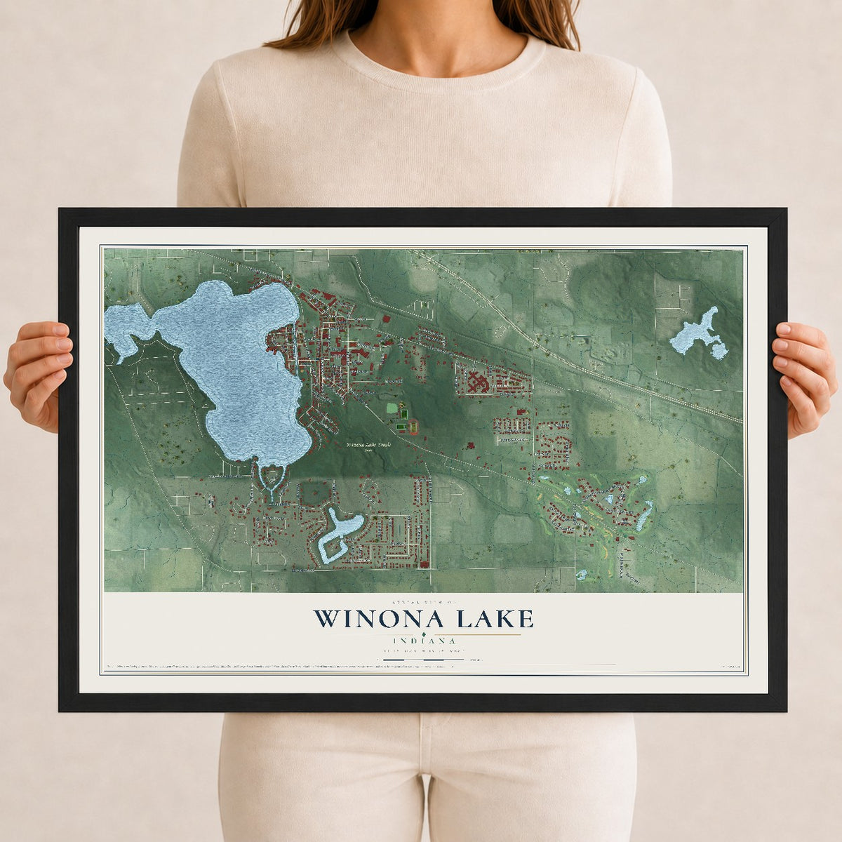 Map of Winona Lake, Indiana, 12 x 18 inch print in a black wood frame