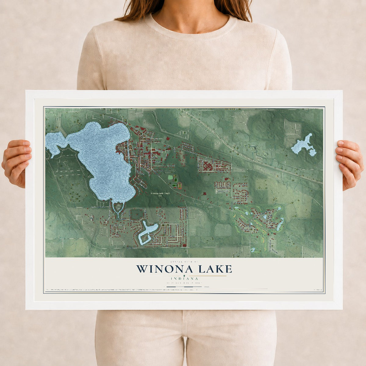 Map of Winona Lake, Indiana, 12 x 18 inch print in a white wood frame