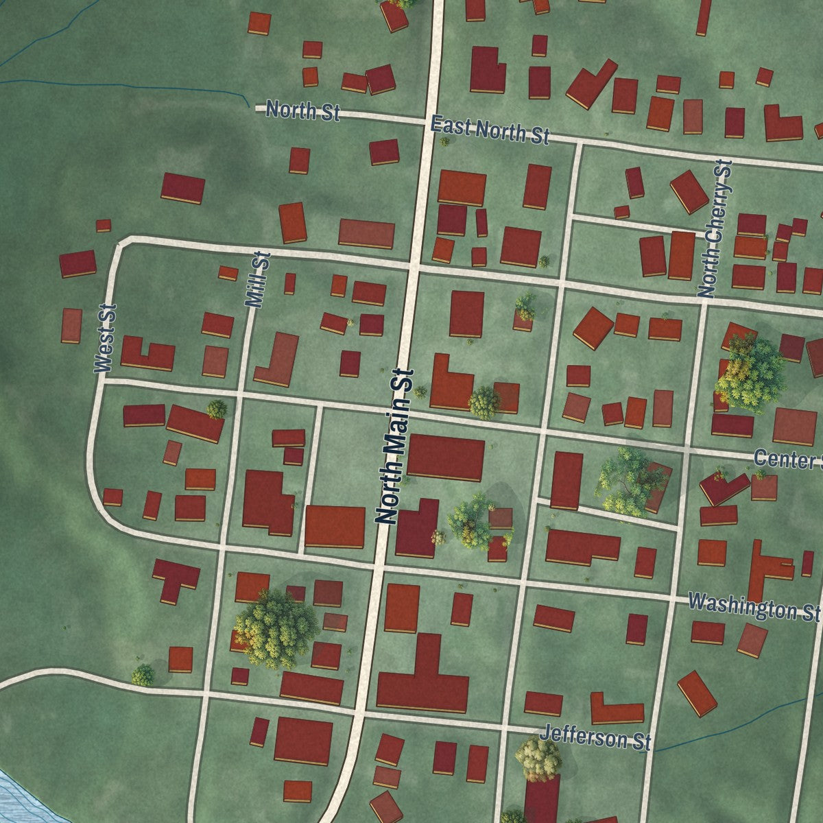 Close-up of the map of Winslow, Indiana print showing street and building detail