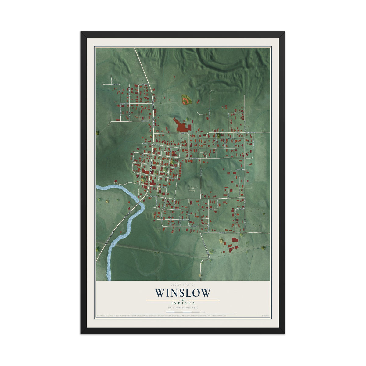 Map of Winslow, Indiana, 12 x 18 inch print in a black wood frame