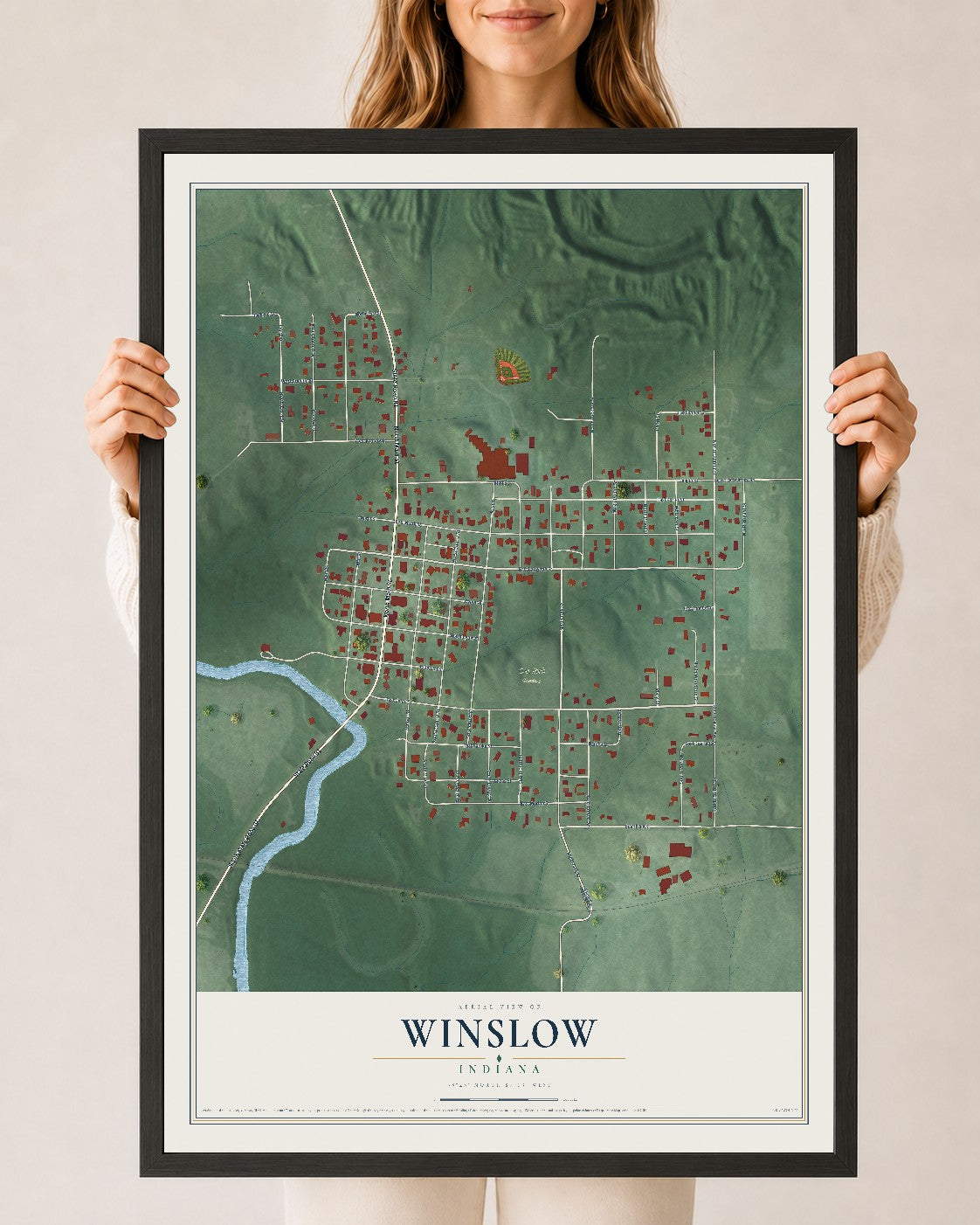 Map of Winslow, Indiana, 24 x 36 inch print in a black wood frame