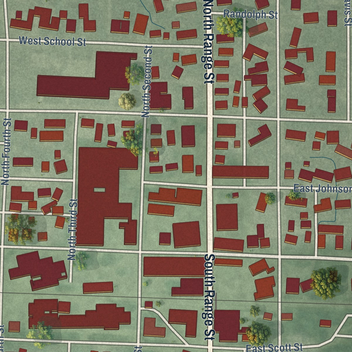 Close-up of the map of Wolcott, Indiana print showing street and building detail