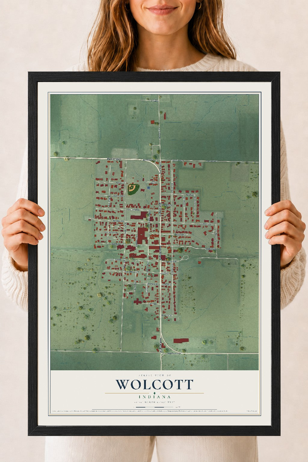 Map of Wolcott, Indiana, 18 x 24 inch print in a black wood frame