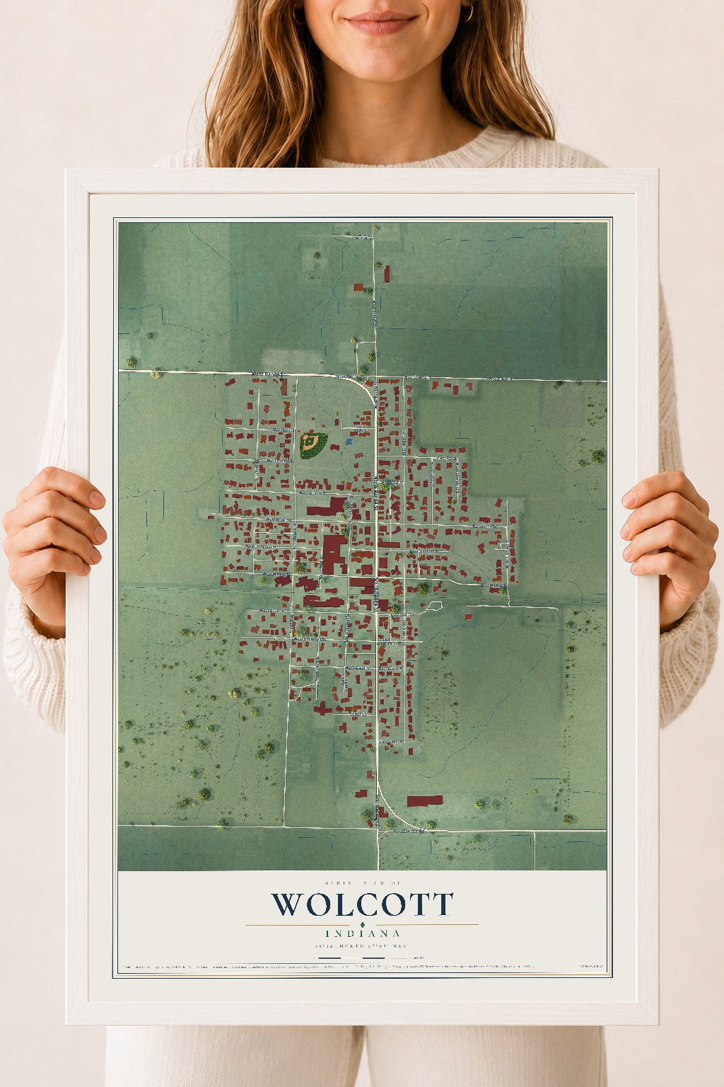 Map of Wolcott, Indiana, 18 x 24 inch print in a white wood frame