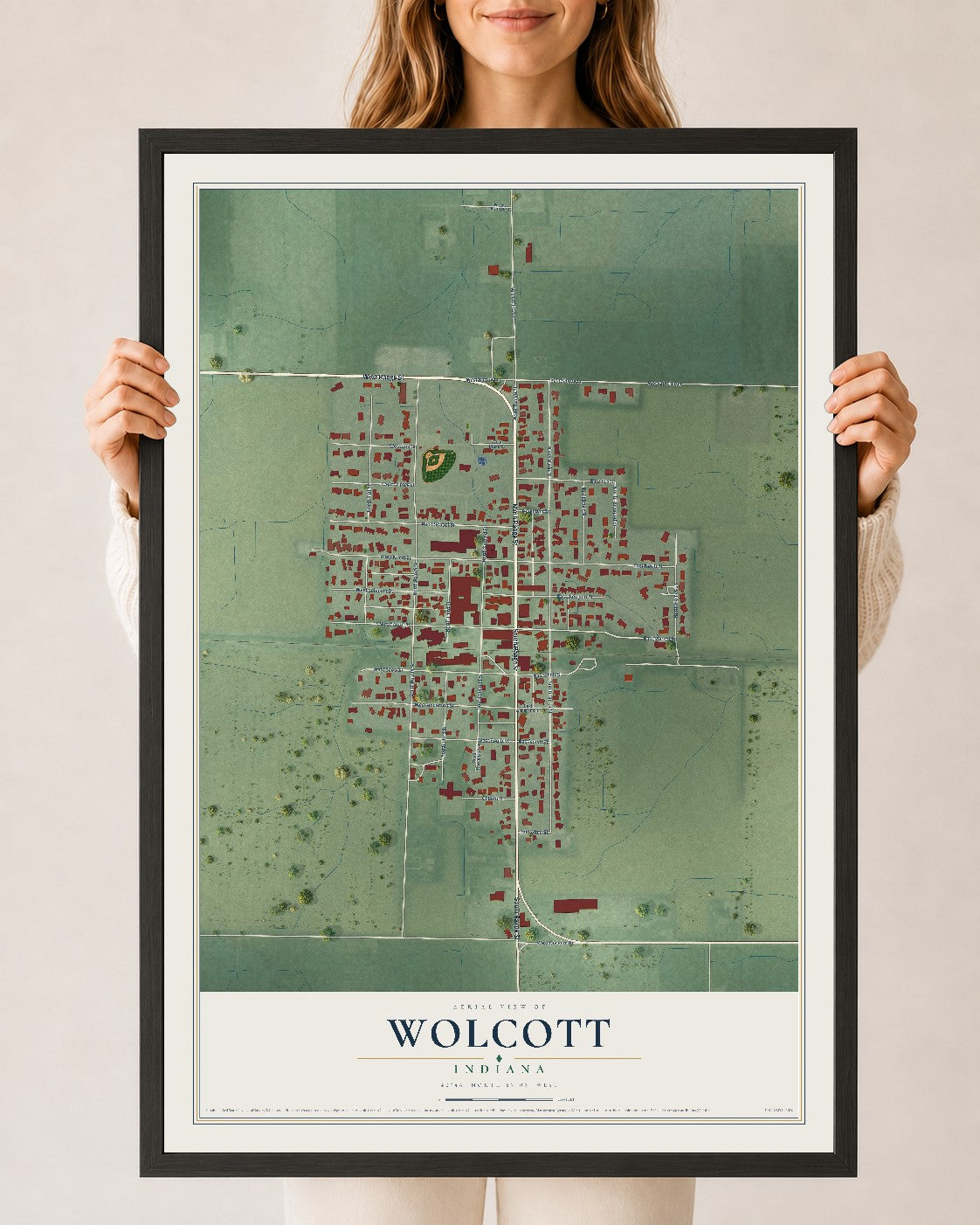 Map of Wolcott, Indiana, 24 x 36 inch print in a black wood frame