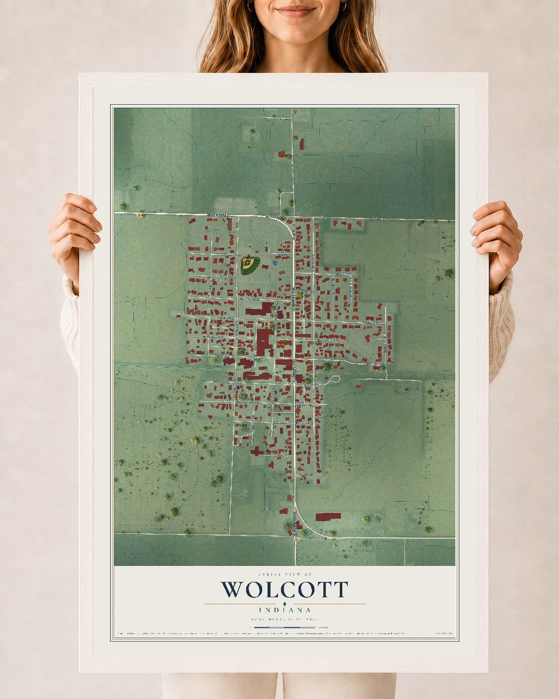 Map of Wolcott, Indiana, 24 x 36 inch print in a white wood frame
