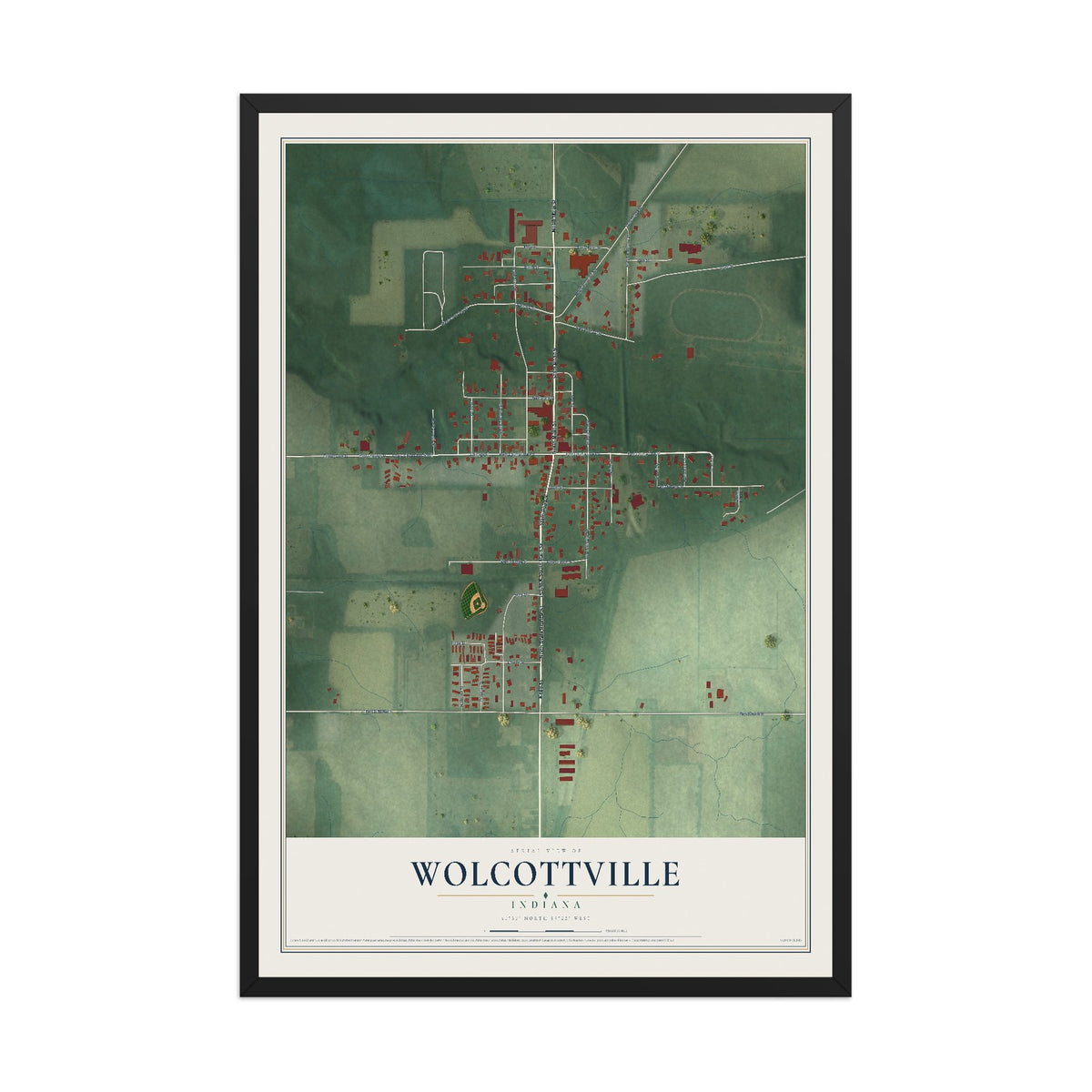 Map of Wolcottville, Indiana, 12 x 18 inch print in a black wood frame