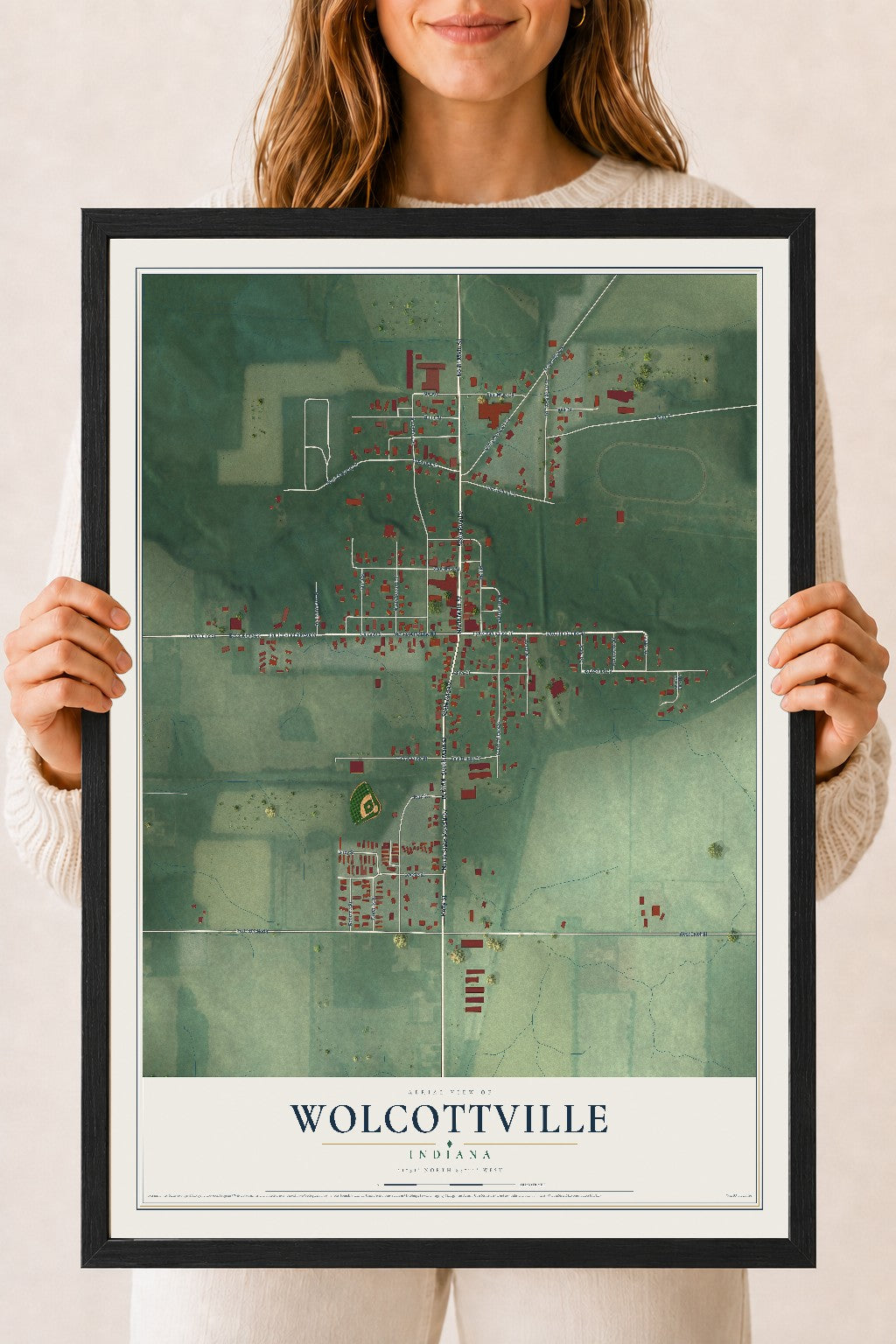 Map of Wolcottville, Indiana, 18 x 24 inch print in a black wood frame