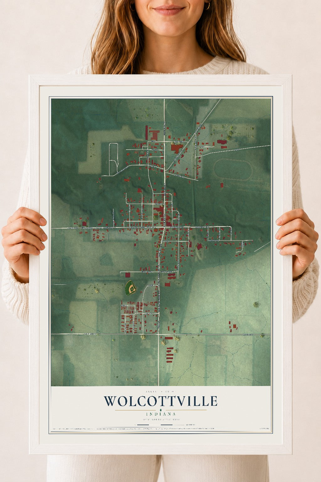 Map of Wolcottville, Indiana, 18 x 24 inch print in a white wood frame