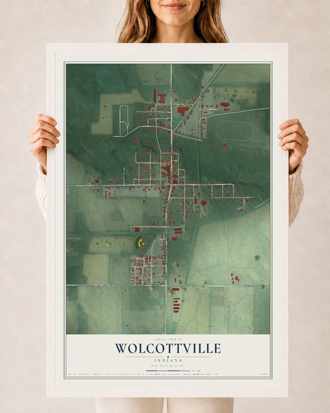 Map of Wolcottville, Indiana, 24 x 36 inch print in a white wood frame