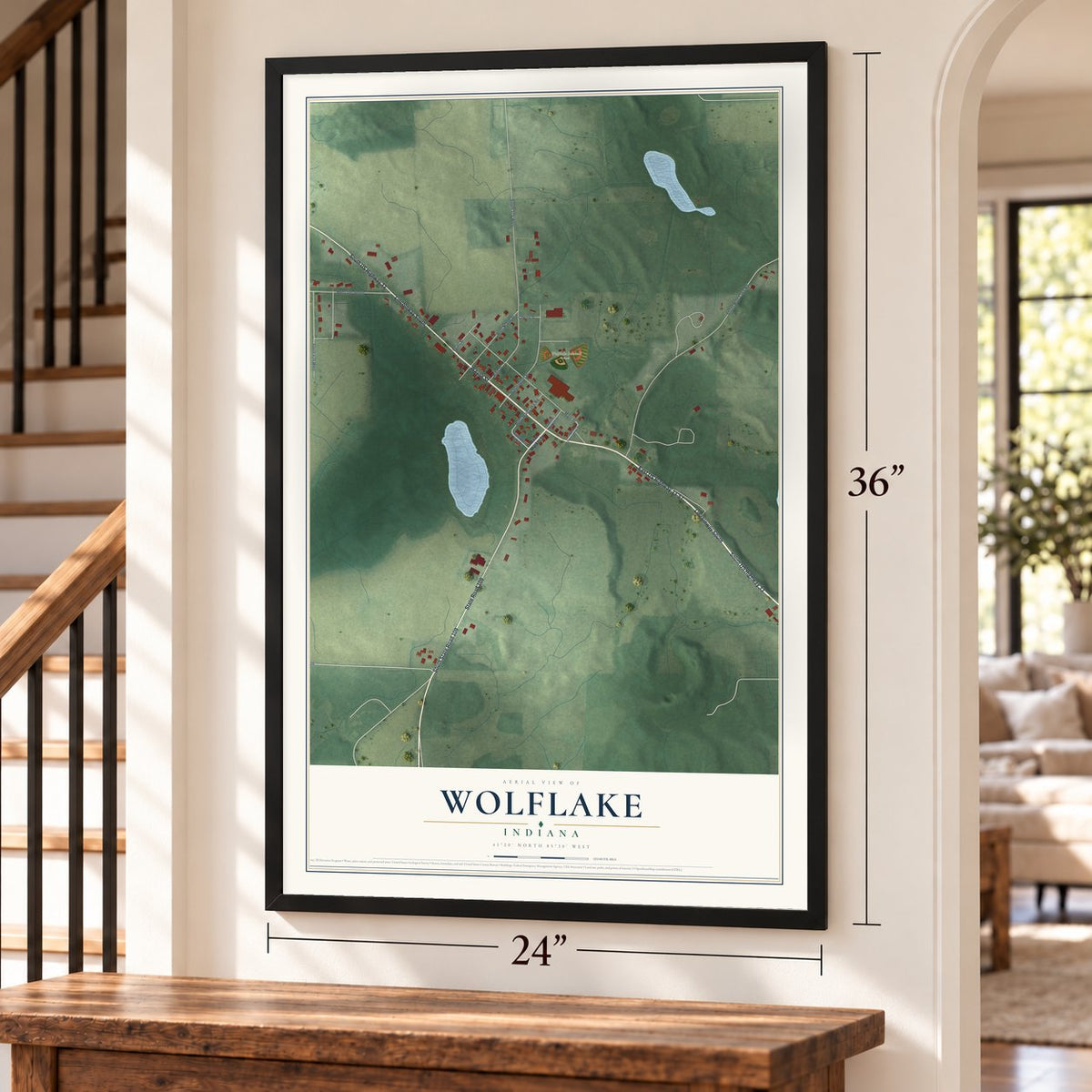 Wolflake, Indiana map, 24 x 36 inch print in a black frame by a staircase