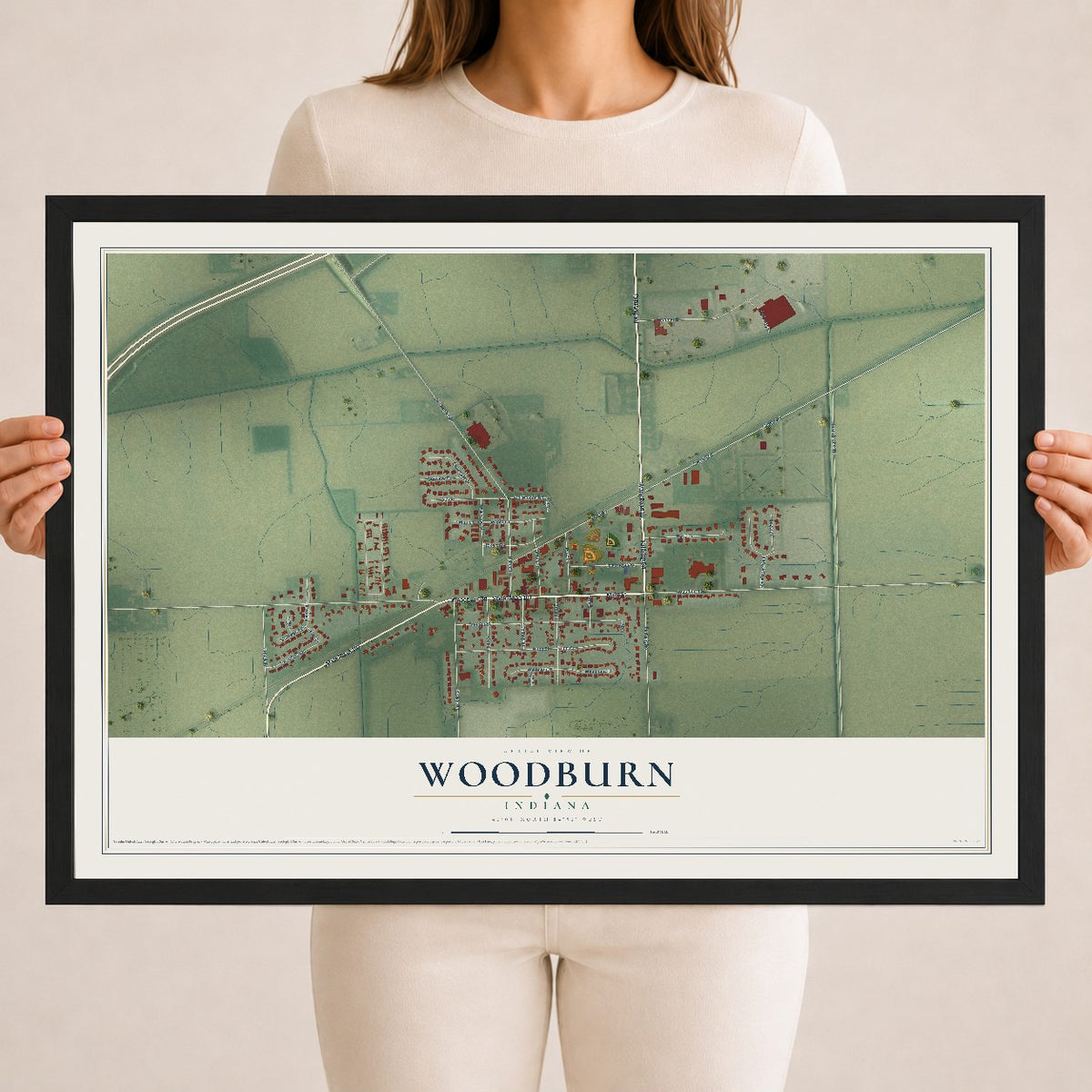 Map of Woodburn, Indiana, 18 x 24 inch print in a black wood frame