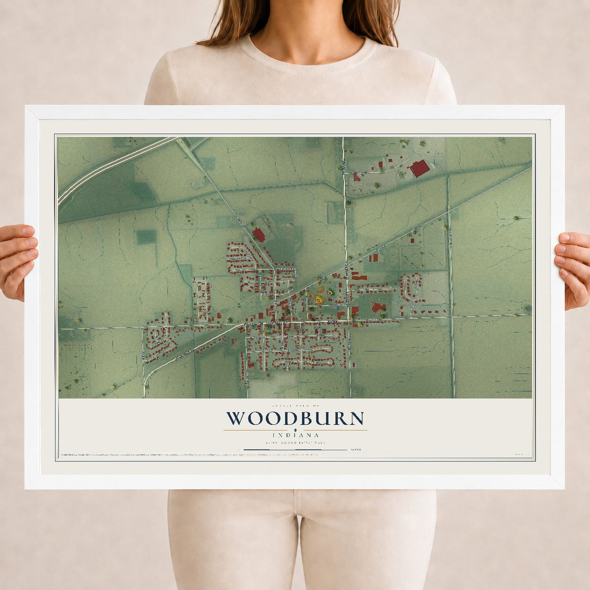 Map of Woodburn, Indiana, 18 x 24 inch print in a white wood frame