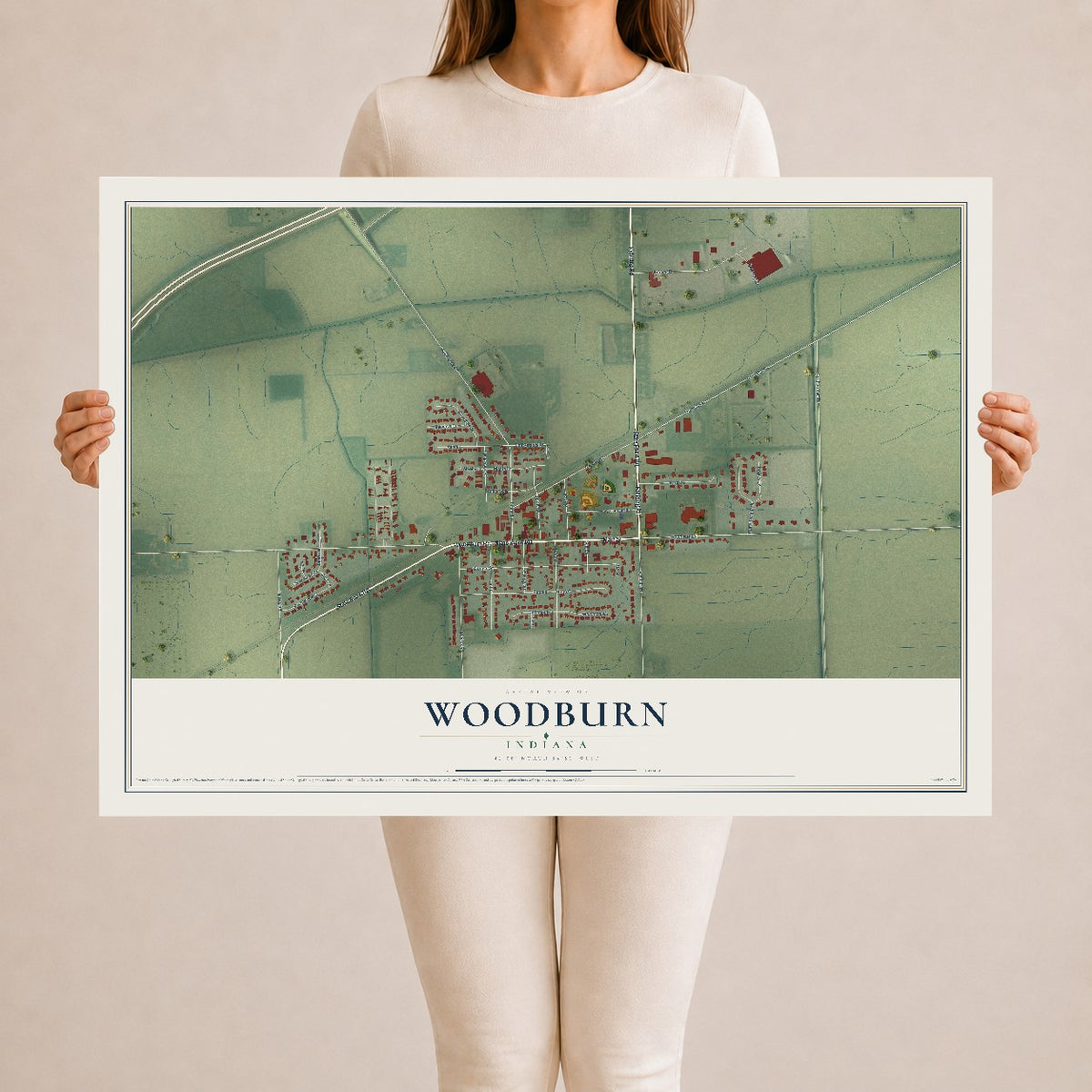 Map of Woodburn, Indiana, 24 x 36 inch unframed archival matte print