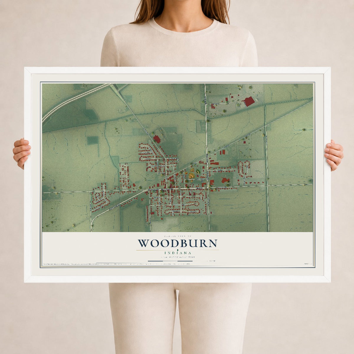 Map of Woodburn, Indiana, 24 x 36 inch print in a white wood frame