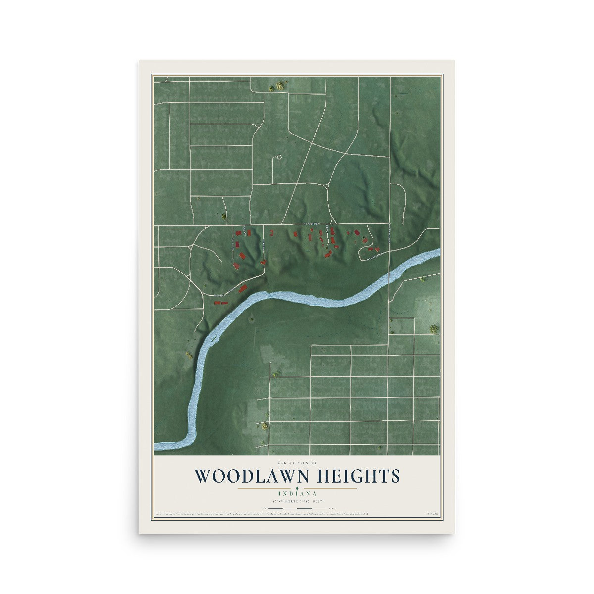 Map of Woodlawn Heights, Indiana, 12 x 18 inch unframed archival matte print