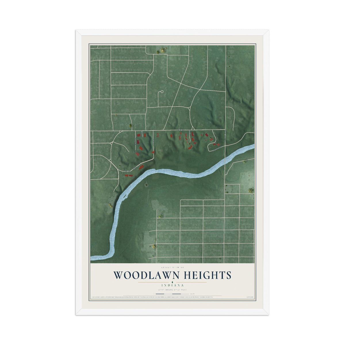 Map of Woodlawn Heights, Indiana, 12 x 18 inch print in a white wood frame