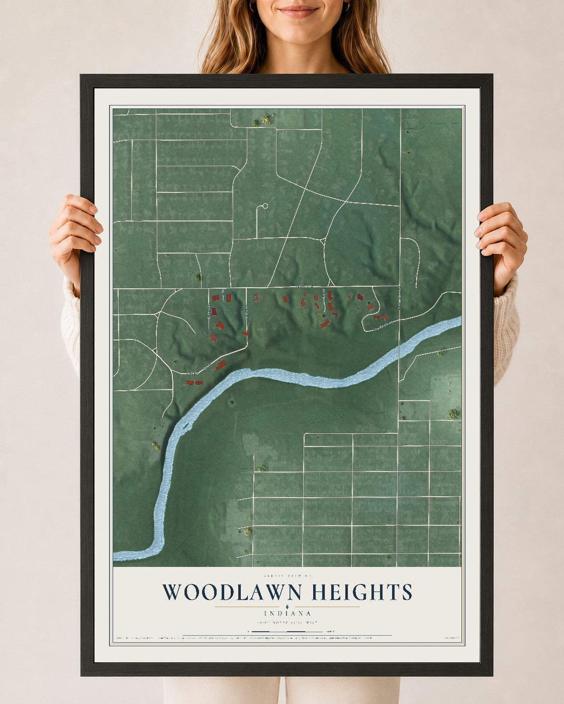 Map of Woodlawn Heights, Indiana, 24 x 36 inch print in a black wood frame
