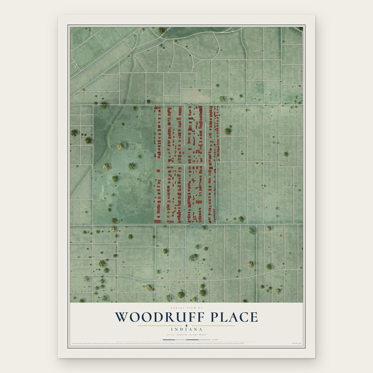Woodruff Place, Indiana map print, the full design