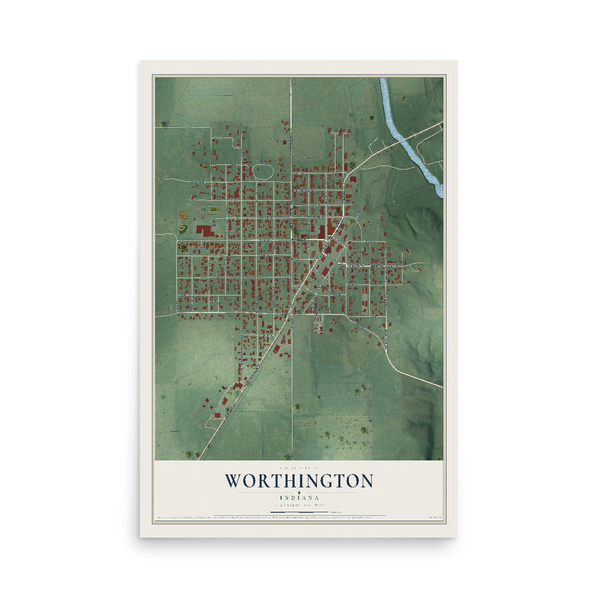 Map of Worthington, Indiana, 12 x 18 inch unframed archival matte print