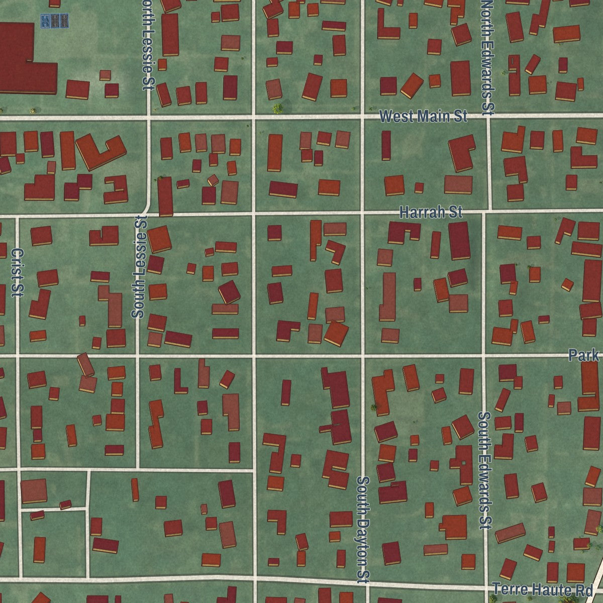 Close-up of the map of Worthington, Indiana print showing street and building detail