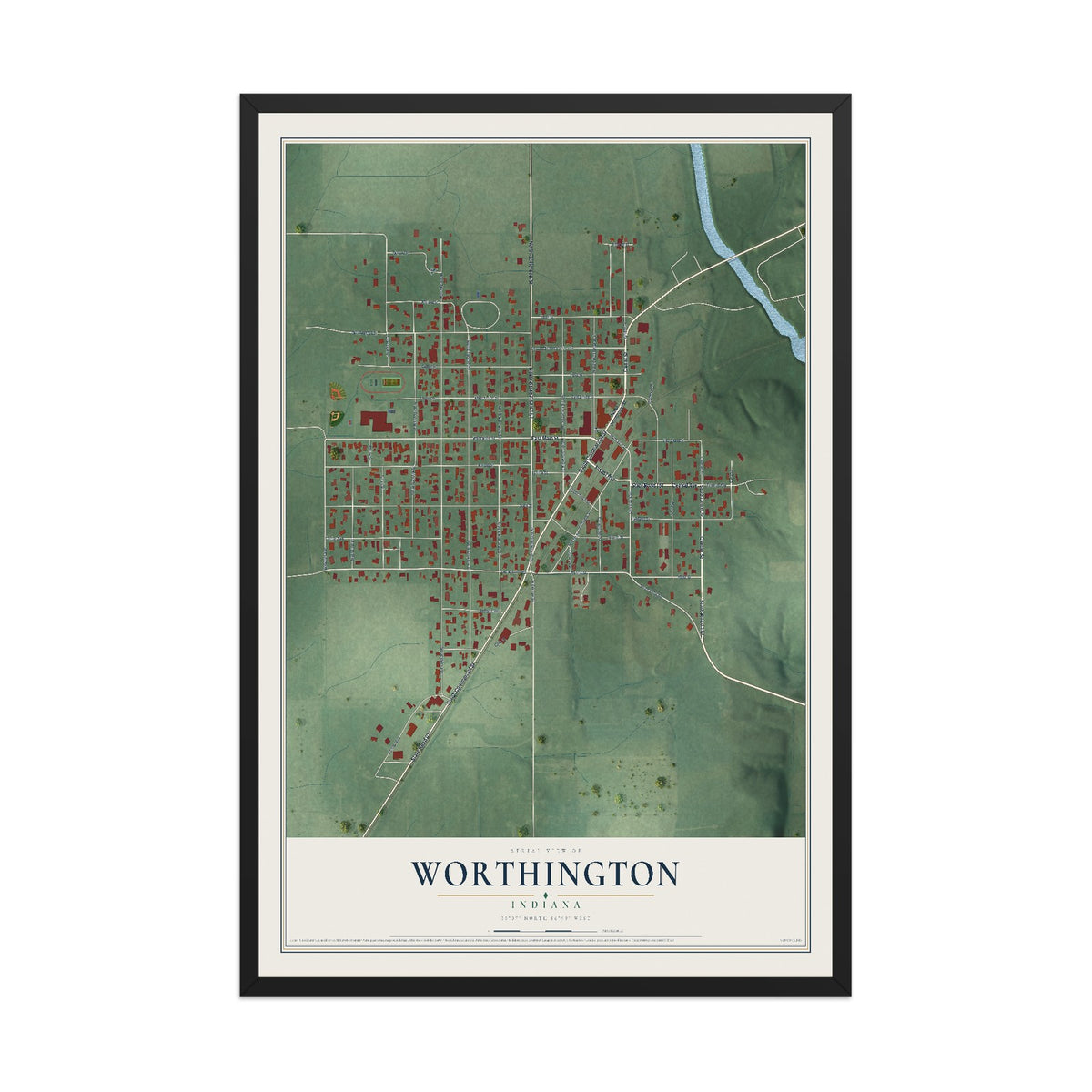 Map of Worthington, Indiana, 12 x 18 inch print in a black wood frame