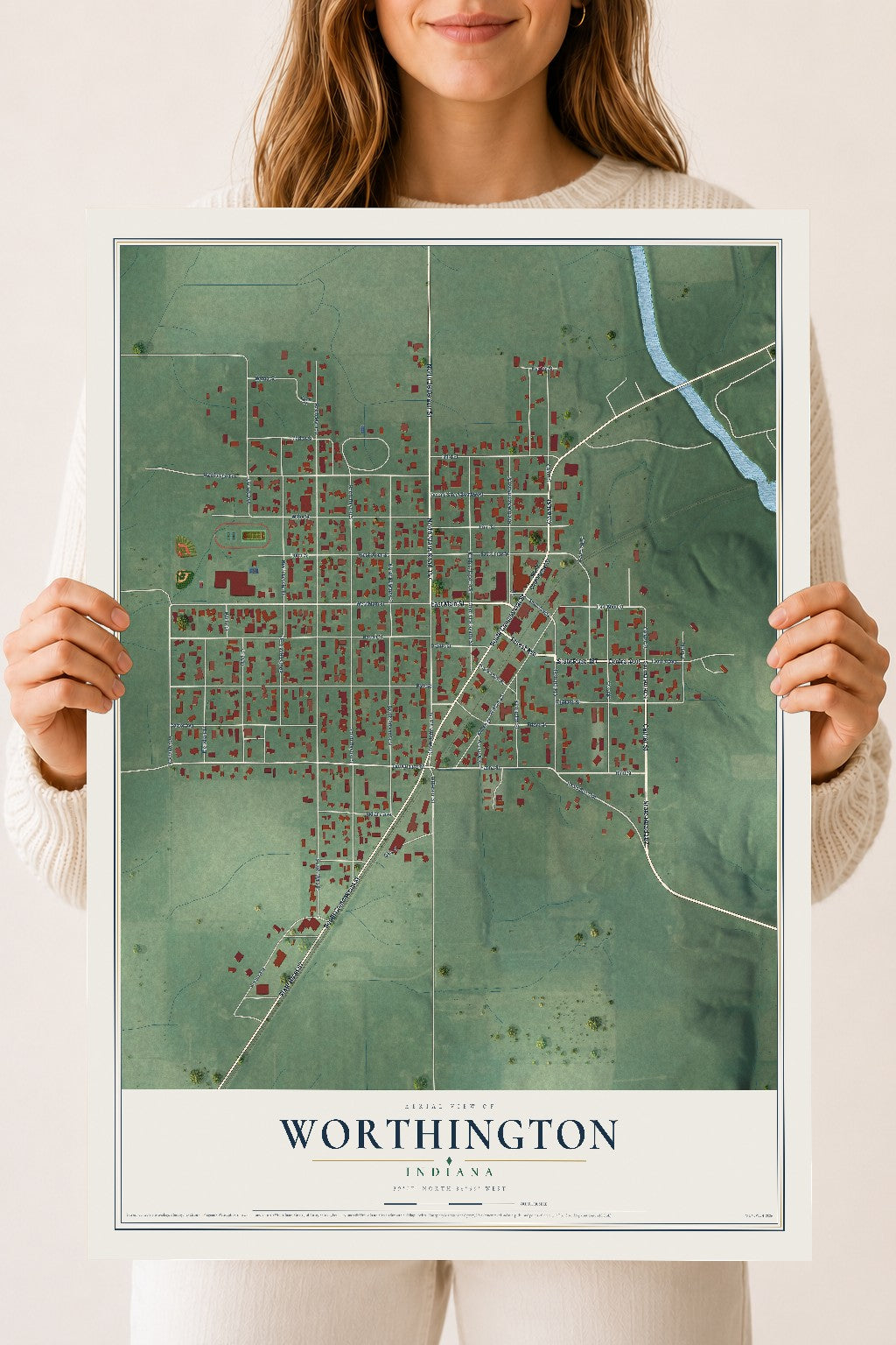 Map of Worthington, Indiana, 18 x 24 inch unframed archival matte print