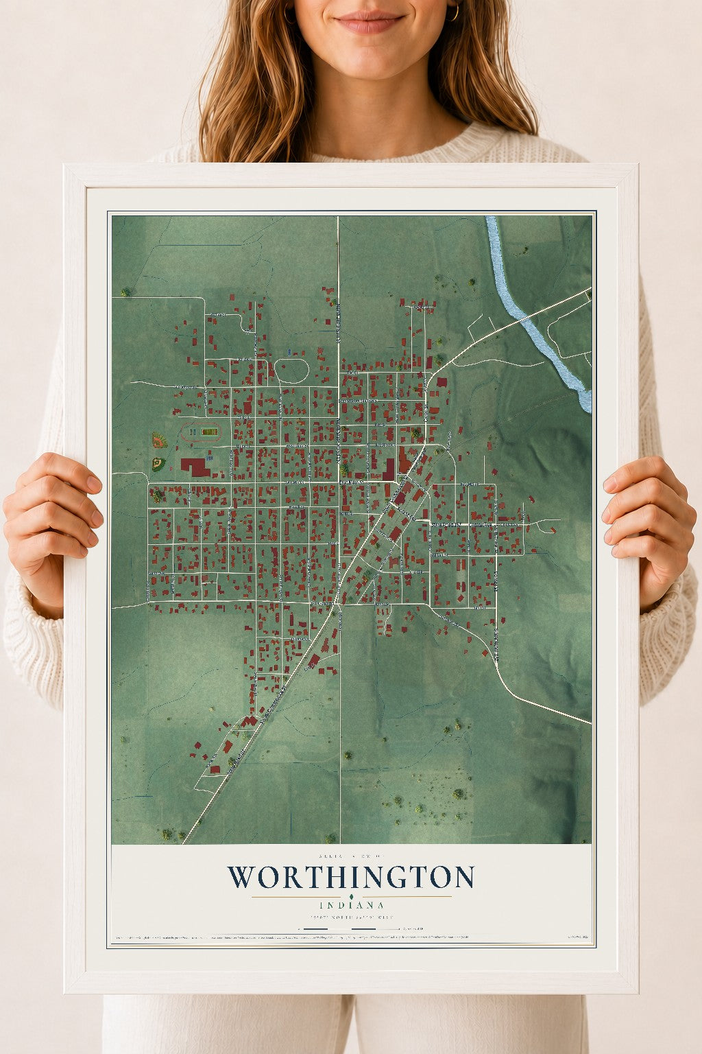 Map of Worthington, Indiana, 18 x 24 inch print in a white wood frame