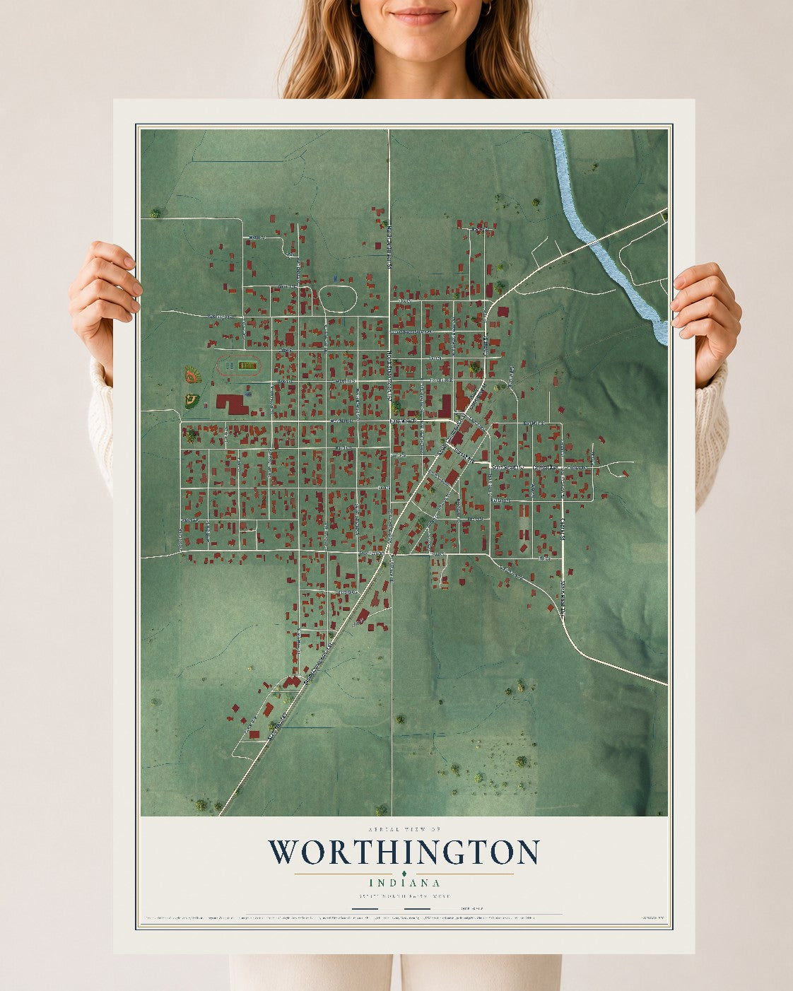 Map of Worthington, Indiana, 24 x 36 inch unframed archival matte print
